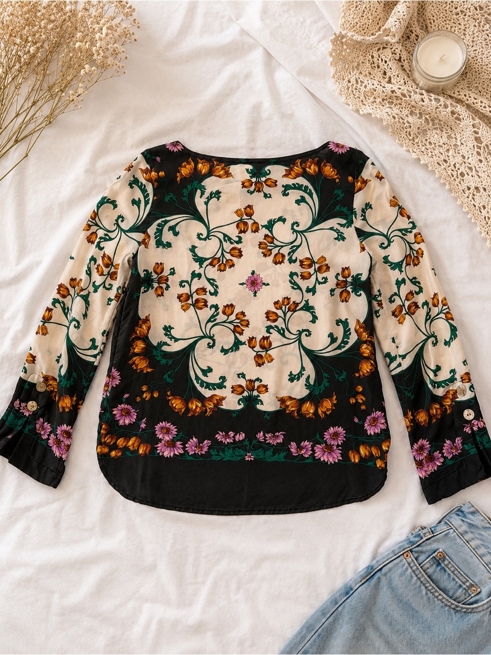 Maeve by Anthropologie 100% Silk Floral Print Blouse Long Sleeve, Size 4
